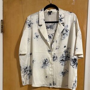 Express Satin Button Up Shirt with Blue/Grey Florals